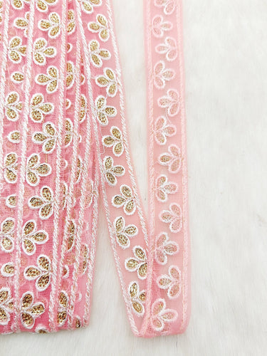 Wholesale Peach Net Lace Floral Embroidery & Glitter Gold Sequins, Indian Wedding Border, Gifting Ribbon Costume Trim Fashion Trimming